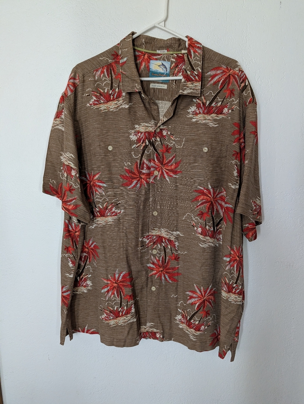 Tommy Bahama Silk Shirt Button Island Modern Fit 2XL Brown Palm Hawaiian Camp